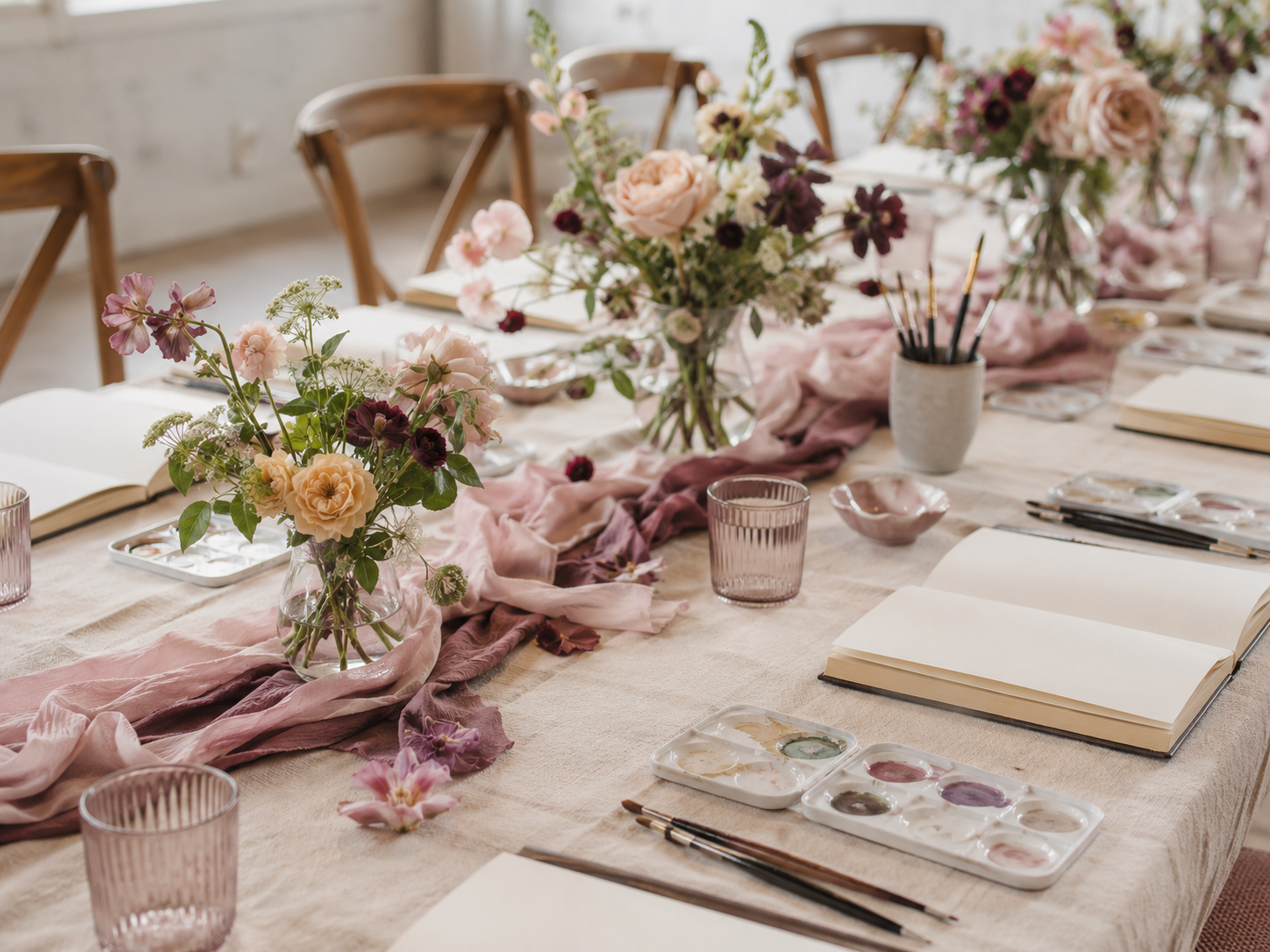 An elegant creative workshop table set with journals, watercolor palettes, brushes, and flowers before guests arrive